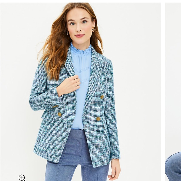 NWT Loft Tweed Double Breasted Blazer Sz 4 Petites Blue - Picture 2 of 7